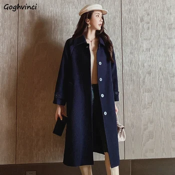 

Blends Women Single Breasted Korean Harajuku Leisure Straight Turn Down Collar Outerwear Winter Womens High Quality Mid-Long