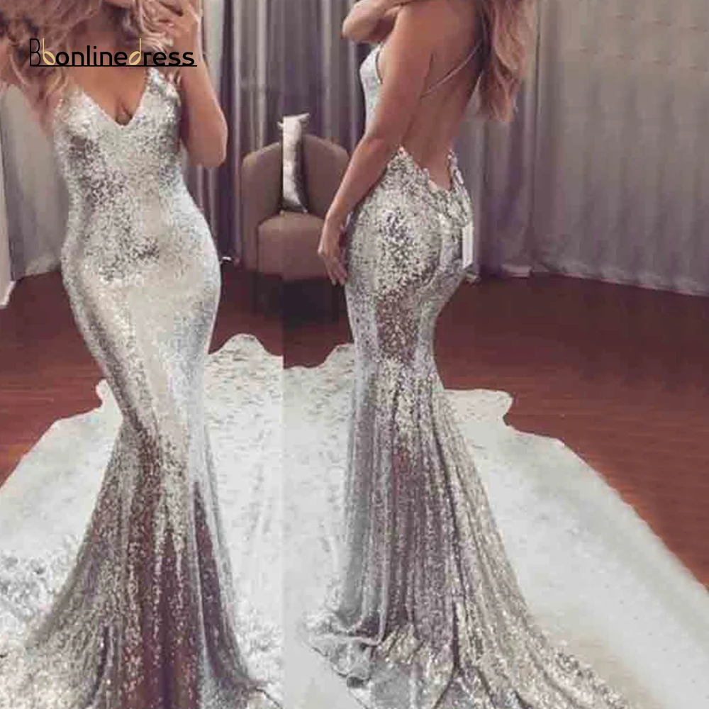 

Party-Dress Sequin Silver Mermaid Evening Dress 2019V-Neck Spaghetti Stap Long Party Dress Backless Formal Gown Robes de bal
