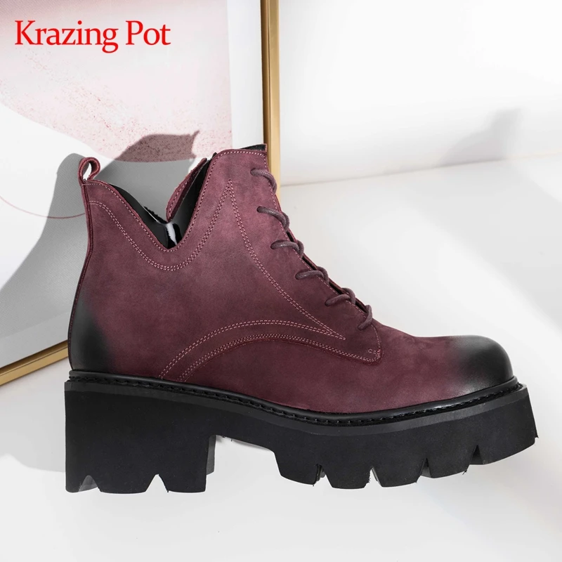 

Krazing pot cow suede platform round toe high heels movie star leisure preppy style western handmade big size ankle boots L87