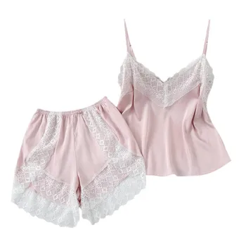 

Sexy Women Satin Silk Lace Sleepwear V Neck Sleeveless Lingerie Tops+Nightwear Shorts Female Pajamas Sets