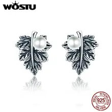 WOSTU Настоящее 925 пробы, серебряные Винтажные серьги-гвоздики с листьями и жемчугом для женщин, брендовые европейские ювелирные изделия, подарок CSE013