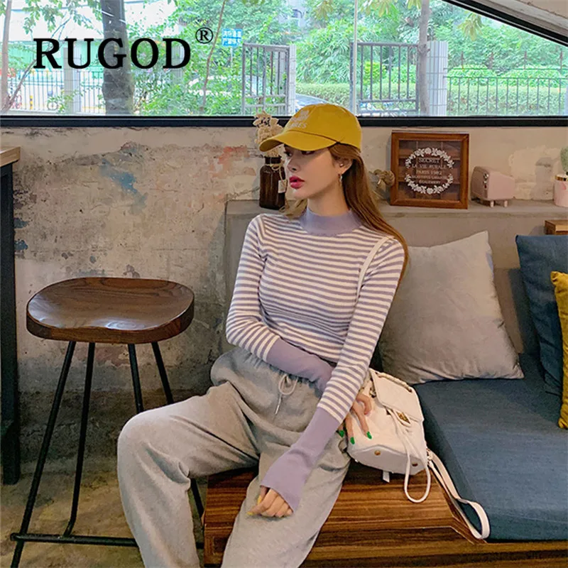 RUGOD, корейский стиль, стиль, водолазка, в полоску, вязаный свитер, элегантный, милый, пуловер, облегающий, Зимние Топы для женщин, Kpop одежда