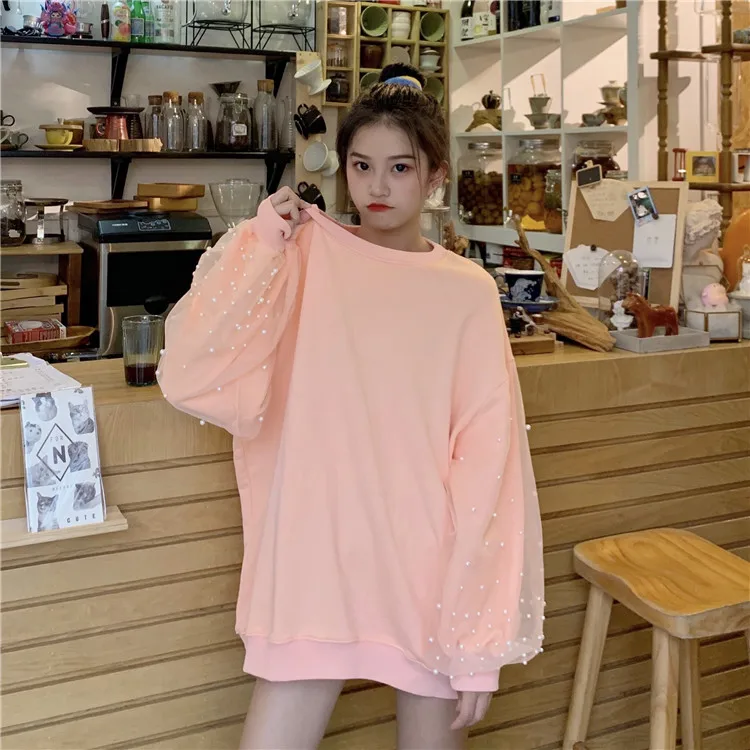 Blusas mujer de moda сладкий стиль Осень Новые Топы Дамы Бисероплетение Лоскутная Сетка o-образным вырезом с пышными рукавами женская одежда футболки