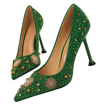 

2020 Women 9.5cm High Heels Pumps Plus Size 10.5 Pointed Toe Luxury Lady Elegant Shoes Rivets Heels Scarpins Green Blue Pumps