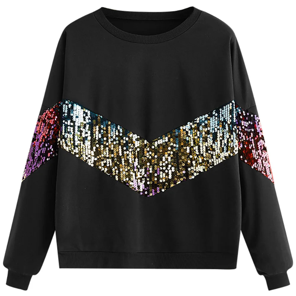 ADFVAT блестящие красочные Sequines Лоскутная с длинным рукавом Топ для женщин О образным вырезом Свободные Повседневная футболка мода весна с капюшоном TS005