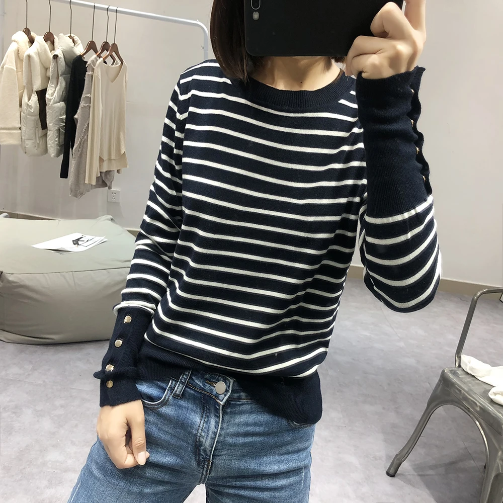 

Autumn 2019 Pinstripe Knitted Sweater Women O Neck Pullover Long Sleeve Slim Fall Sweaters For Woman Korean Lady Knitting Wear