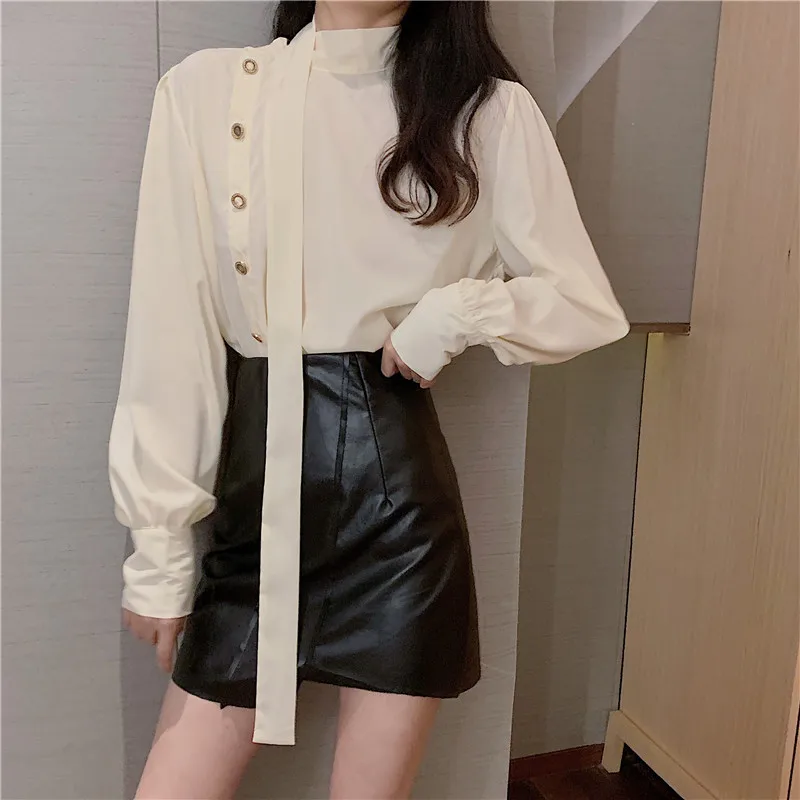 

Korean-style Fashion Half-Turtle-Neck Side Edge Single Breasted Shirt + High-waisted Irregular PU Leather Skirt