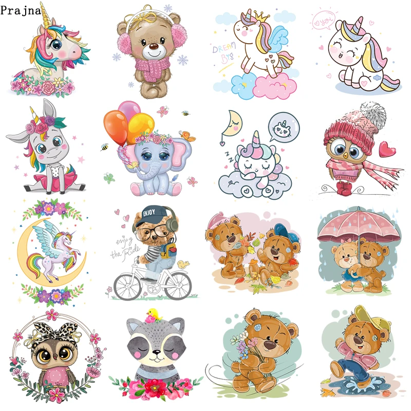 

Prajna Cute Small Animals Unicorn Bear Owl Iron On Transfers Vynil Heat Transfer For Kids T-shirt Cartoon Ironing Stickers DIY