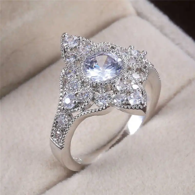 Round Silver Color Ring Women Wedding Engagement Rings Cut Gorgeous Ring Size 6-10