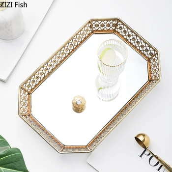 

Nordic Agate Texture Metal Storage Tray Fruit Food Teacup Home Storage Plates Golden Polygon Jewelry Necklace Display Tray