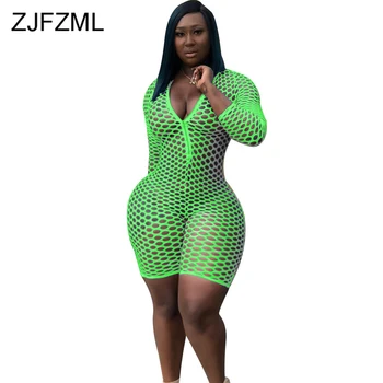 

Hollow Out See Through Beach Playsuit Women Front Zip Full Sleeve Club Party Jumpsuit Summer Deep V Neck Bandage Short Bodysuit