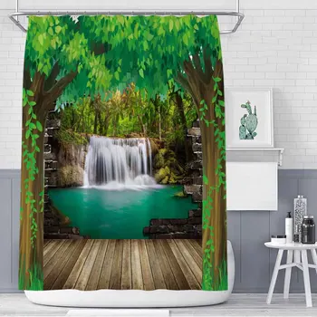 

Wood hole stream waterfall polyester printing waterproof shower curtain bathroom partition curtain factory direct sales