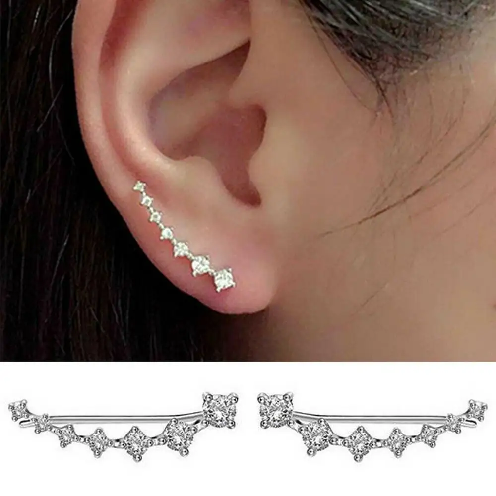 Женские серьги-гвоздики в стиле панк-рок с 7 кристаллами и манжетами для ушей, длинные серебряные серьги-гвоздики, очаровательные подарочные украшения