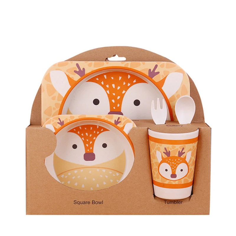 Sika deer 5 шт./компл. мультфильм животных пластина+ галстук-бабочка+ вилка из овечьей шерсти+ стакан-столовая посуда набор для кормления из бамбукового волокна; детские, для малышей контейнер посуда набор - Цвет: Sika deer