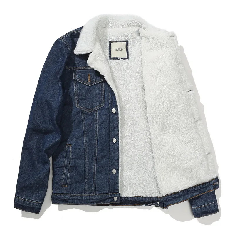 Blue 6XL, Мужская джинсовая флисовая куртка, зимняя однотонная повседневная мужская куртка высокого качества, ковбойская Мужская джинсовая уличная куртка, Chaqueta Hombre, GCM004 - Цвет: Blue