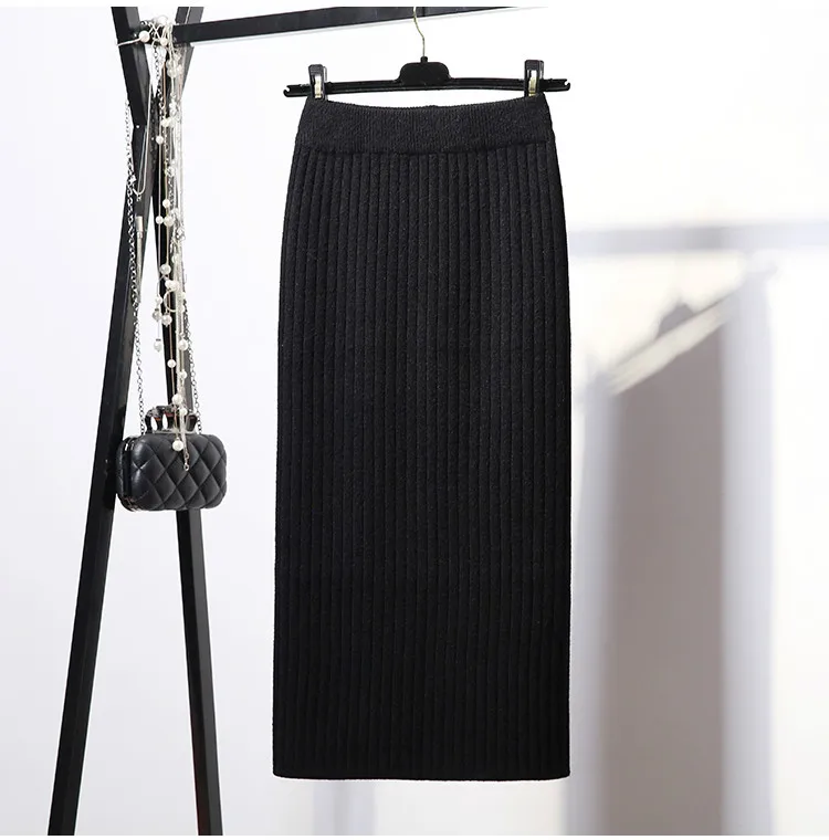 Женская облегающая элегантная юбка-карандаш средней длины, осенне-зимняя утолщенная повседневная трикотажная юбка, Женская юбка с высокой талией