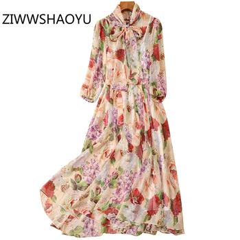 

ZIWWSHAOYU Women Summer Bow Tie Floral Print Flowy Long Chiffon Dress Runway Designer Ladies High Waist Vintage Dresses