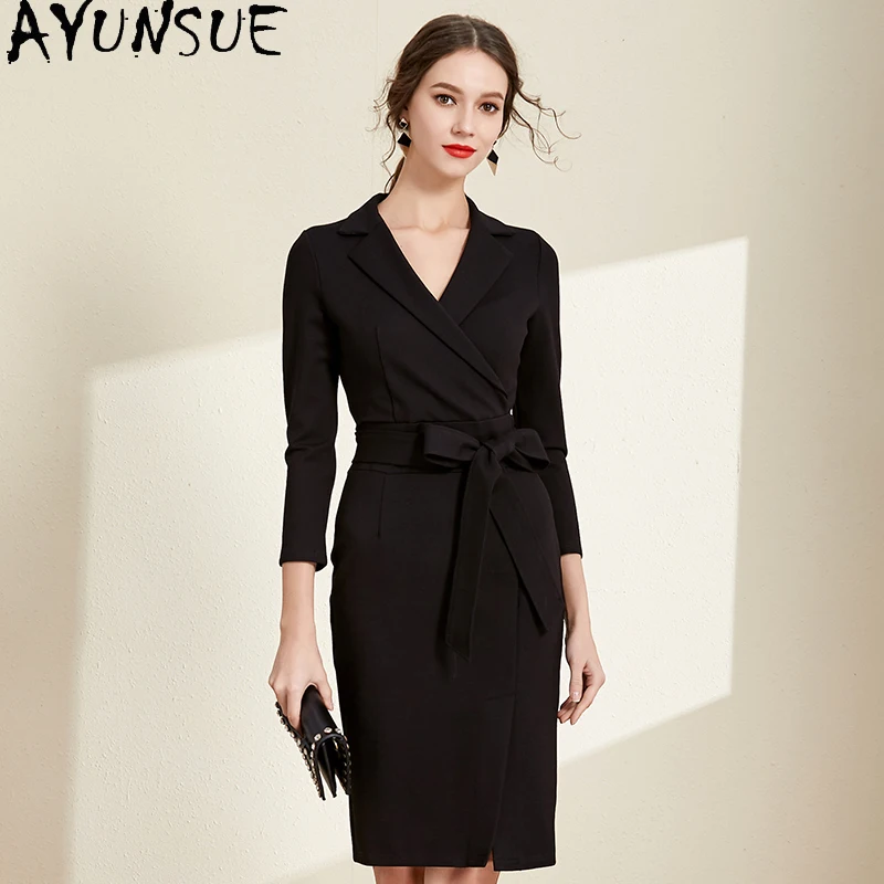 

AYUNSUE Elegant Office Dress Female Vintage High Waist Spring Dress 2021 Black Midi Dresses for Women Clothes Vestidos Mujer