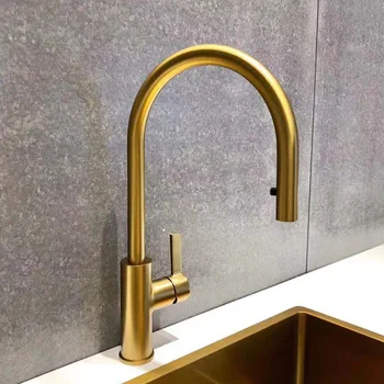 Online New Product Brass Body Goose Neck Kitchen Faucet, Deck Mounted Kitchen Sink Water Tap, Brushed Gold Kitchen Faucet Mixer