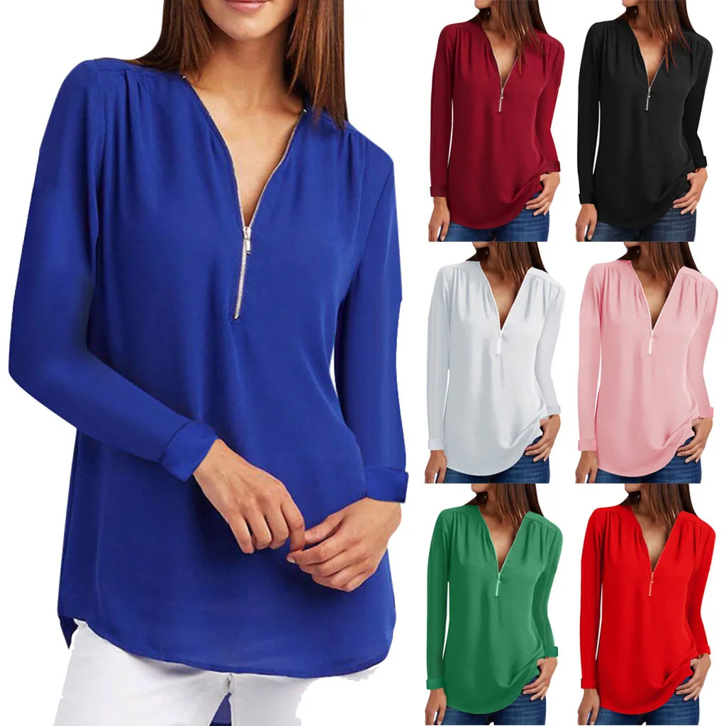 

Plus Size Women Blouse Sexy V Neck Zipper Tops Shirt Ladies Long Sleeve Loose Tee Shirt Blouse Tee Top blusas mujer de moda 2019