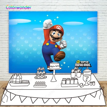 

Photo Backdrop Baby Shower Boy Super Marios Bros Vinyl Background for Birthday Blue Sky White Clouds Dessert Table First Birthday for Boys Personalized Banner