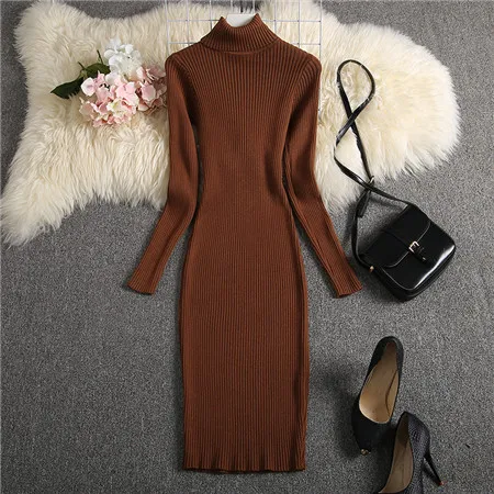 ALPHALMODA/ зимнее теплое трикотажное платье хорошего качества с длинными рукавами и высоким воротником однотонное вязаное платье-свитер с толстой подошвой
