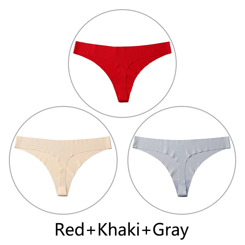 Red Khaki Gray 3 шт./партия, стринги в полоску и стринги, сексуальные бесшовные трусики, нижнее белье, цельное нижнее белье с низкой посадкой, однотонные XS-L, большие размеры США - Цвет: Red Khaki Gray