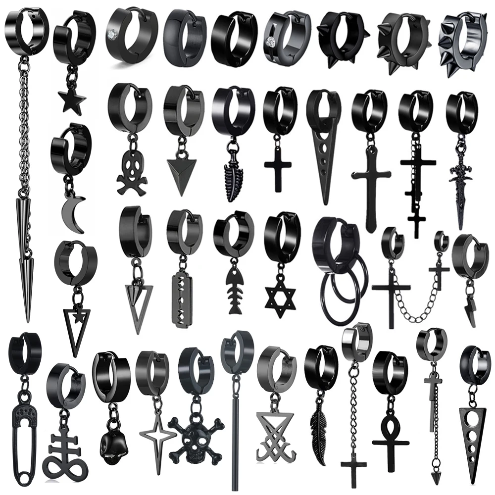 Hoop Earrings Black Punk Stainless Steel Women Men Small Round Cross Pendants Jewelry
