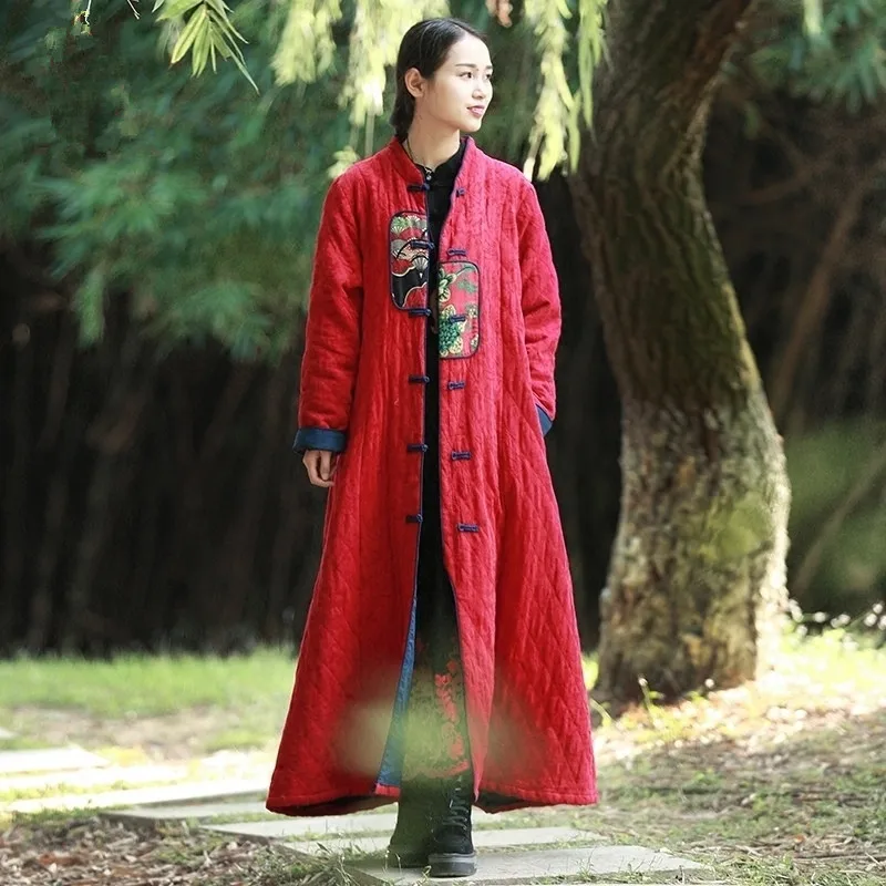 Hisenky зимняя куртка женская винтажная тренчкот в китайском стиле длинная парка жаккардовое хлопковое Стеганое пальто стеганая теплая верхняя одежда - Цвет: Red