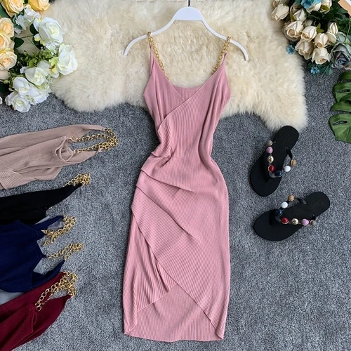 Neploe, трикотажное, одноцветное, женское платье, лето, сексуальное, v-образный вырез, без рукавов, Топики, Vestidos, Несимметричное, плиссированное, облегающее платье, 45331 - Цвет: pink