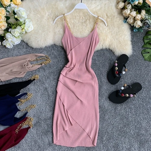 pink Neploe, трикотажное, одноцветное, женское платье, лето, сексуальное, v-образный вырез, без рукавов, Топики, Vestidos, Несимметричное, плиссированное, облегающее платье, 45331 - Цвет: pink