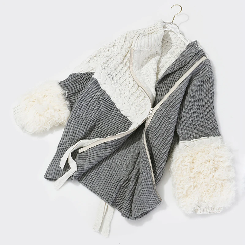 Patchwork Wool Knitting Women's Sweater Irregular Long Sleeve Collar Asymmetric Cardigans Woman Fashion Sweaters