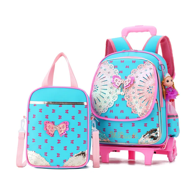 2 шт./компл. детские школьные сумки Водонепроницаемый для девочек фиолетовое платье принцессы тележка рюкзак Съемный Дети колесо сумка Чемодан Mochilas - Цвет: 6 wheels sky blue