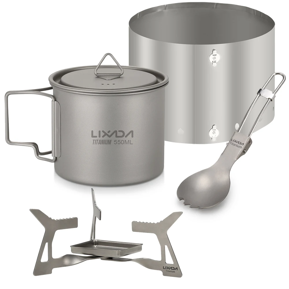 

Lixada 4pcs Camping Titanium Cookware Set with 550ml Cup Folding Alcohol Stove Spork Spoon Windshield for Outdoor Hiking Burning