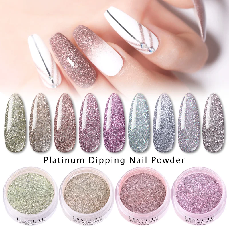 LILYCUTE Platinum погружение ногтей порошок градиент Французский ногтей натуральный цвет голографический блеск без лампы лечения ногтей искусство