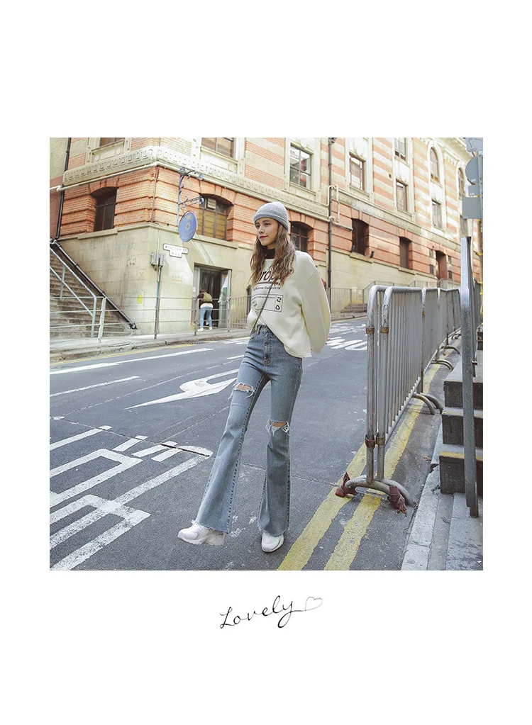Stretch Office Lady Wide Leg Womens Flare Jeans Casual Bleached Hole High Waisted Flared Denim Jeans Destroyed Jeans Feminino
