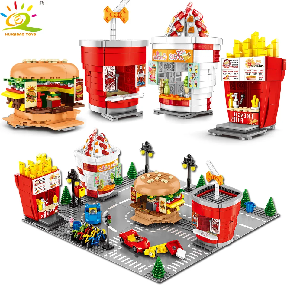 

HUIQIBAO TOYS 998PCS Ice cream Hamburger Drinking Store Building Blocks for Children Legoingly City Street view Shop DIY Bricks