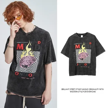 

XYZeroone Cotton The Strongest Brain Print Frayed Oversize Cotton Ins Wind T-shirt Street Hip Hop Summer Top