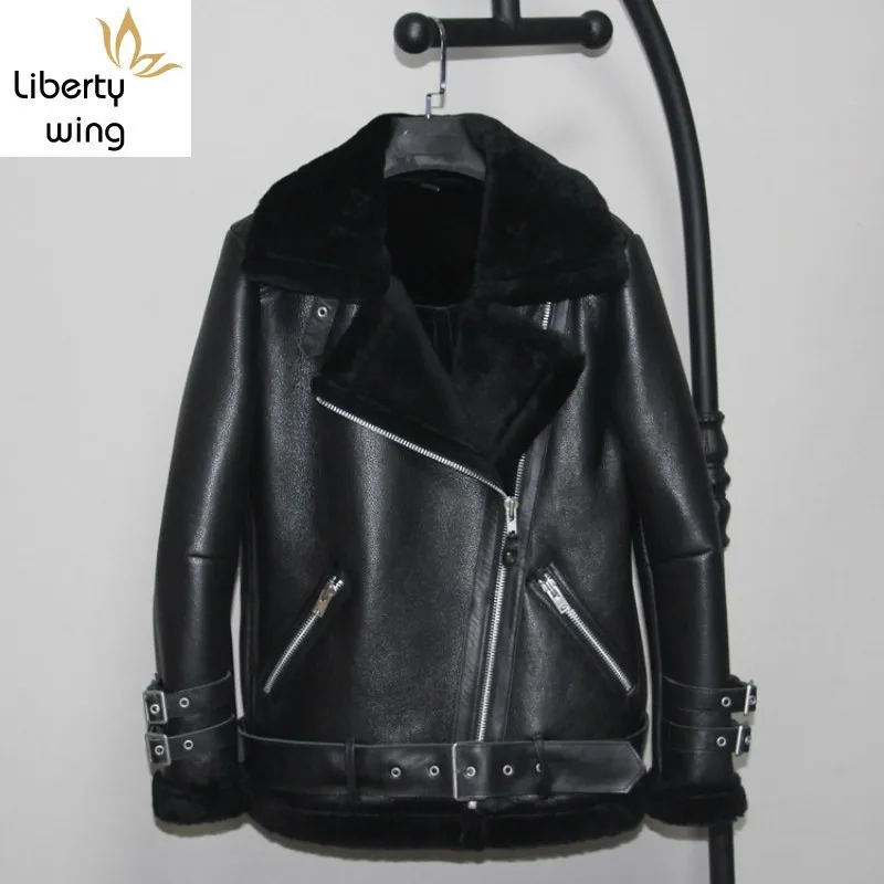 

Luxury Loose Fit Belt Biker Jacket Female Winter Thick Warm Shearling Genuine Leather Short Coat Brand Zipper Real Fur Outerwear
