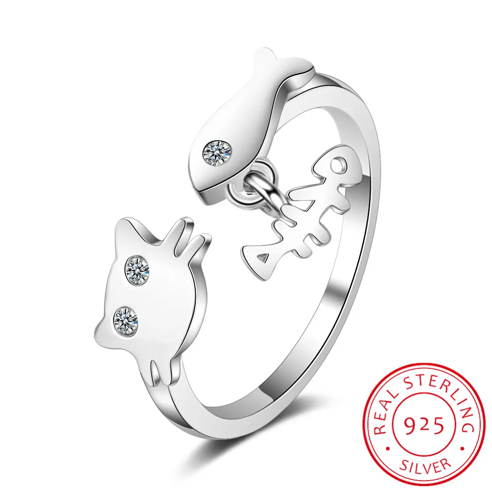 925 Sterling Silver New Woman Fine Jewelry High Quality Crystal Zircon Kitten and Fish Ring Adjustable Size Open | Украшения и