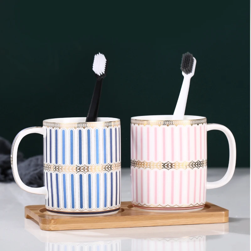 

Nordic Ceramic Striped Blue Powder Couple Mouth Cup Set Modern Simple Household Brushing Cup with WoodenTray Bathroom Toiletries