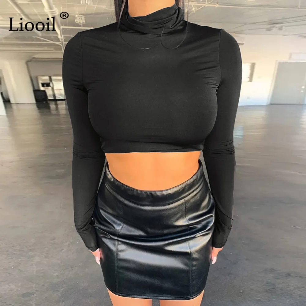 Liooil, зеленый облегающий короткий топ, черный, белый, Сексуальная футболка, весенняя, осенняя одежда для женщин, длинный рукав, водолазка, пуловер, топы