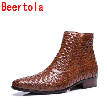 

Woven Men's Real Leather Men's Boots Metal Pointed Toe Zipepr Large Size Botas De Hombre Top Quality Boots Two Style Black