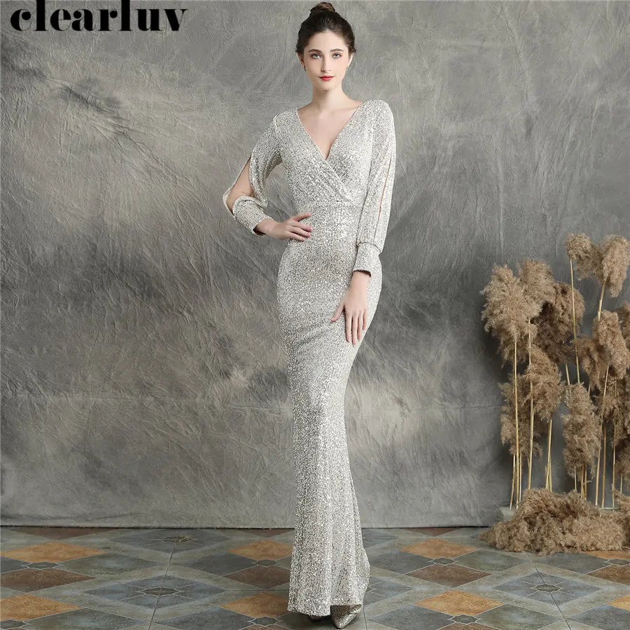 Cena Cekiny kobiety Party Dress DX240 6 2019 nowy Plus rozmiar syrenka sukienka na studniówkę Robe De Soiree Apricot Silver długie rękawy suknia wieczorowa