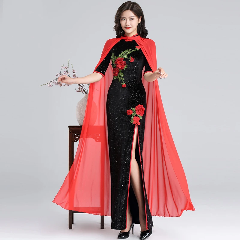 As picture Belly Dance Costume Female Elegant Black Long Sleeve Cheongsam Red Cloak Oriental Dance Classical Dresses For Women DQL2512 - Цвет: As picture