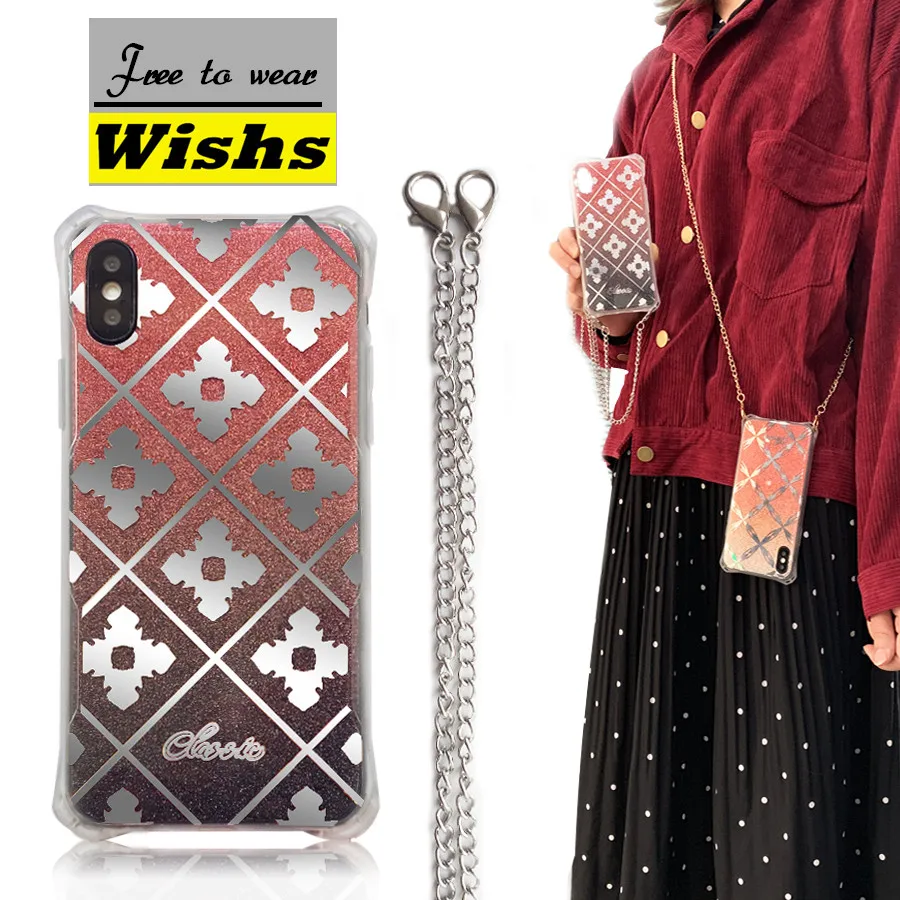 

Plating Geometric pattern metal Necklace Lanyard Phone Case For iPhone 11 Pro MAX XR XS MAX X 6 6s 7 8Plus Back Case For Carry