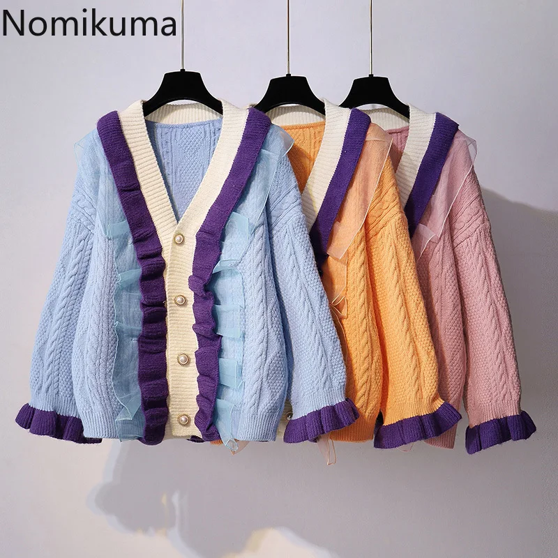 

Nomikuma Sweet Korean Sweater Cardigan 2020 Autumn Winter New Women Knitwear Hit Color Ruffle Lace Patchwork Pull Femme 6C071