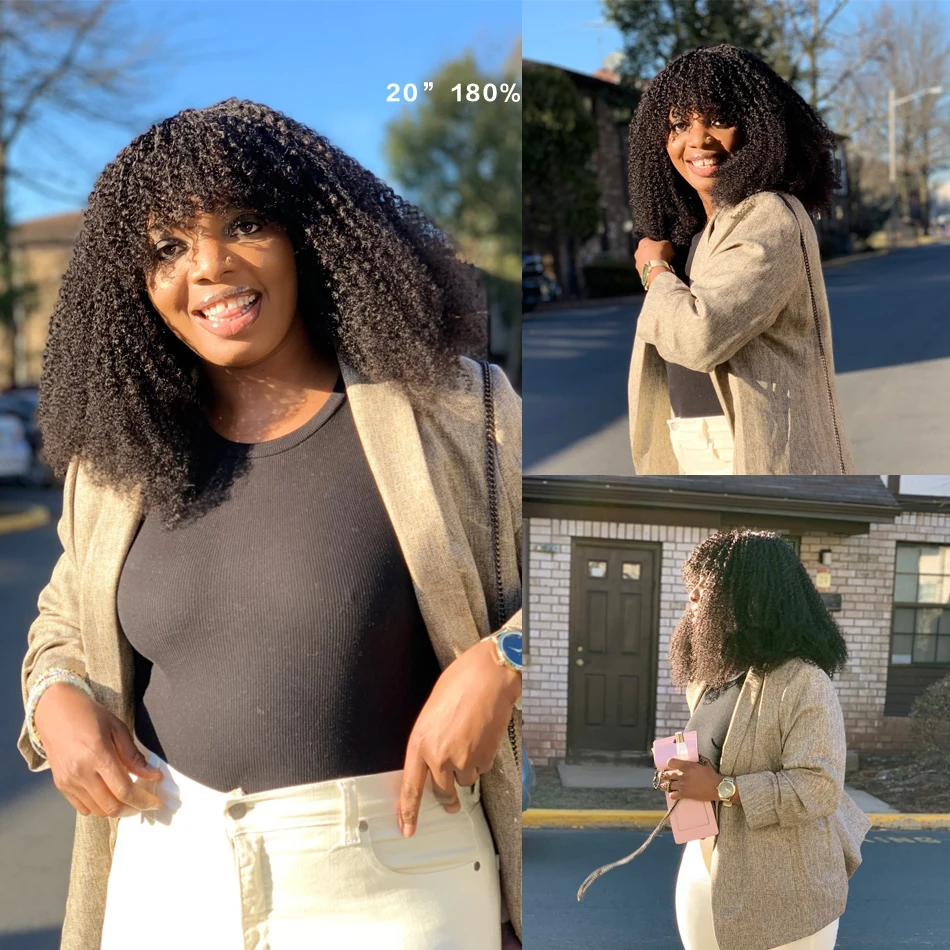 Afro Kinky Curly Wig With Bangs Full Machine Made Scalp Top Wig 200 Density Remy Brazilian Short Curly Human Hair Wigs Xcsunny