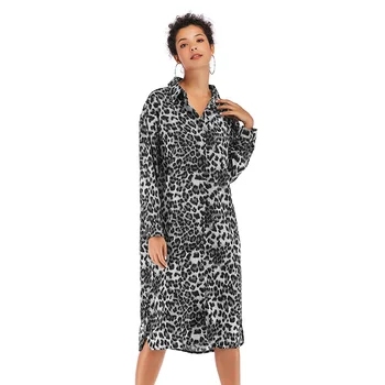 

Autumn Spring Women Dress Long Sleeve Leopard Turn-down Collar Split Sexy Shirt Dress Chiffon Party Dresses Vestidos