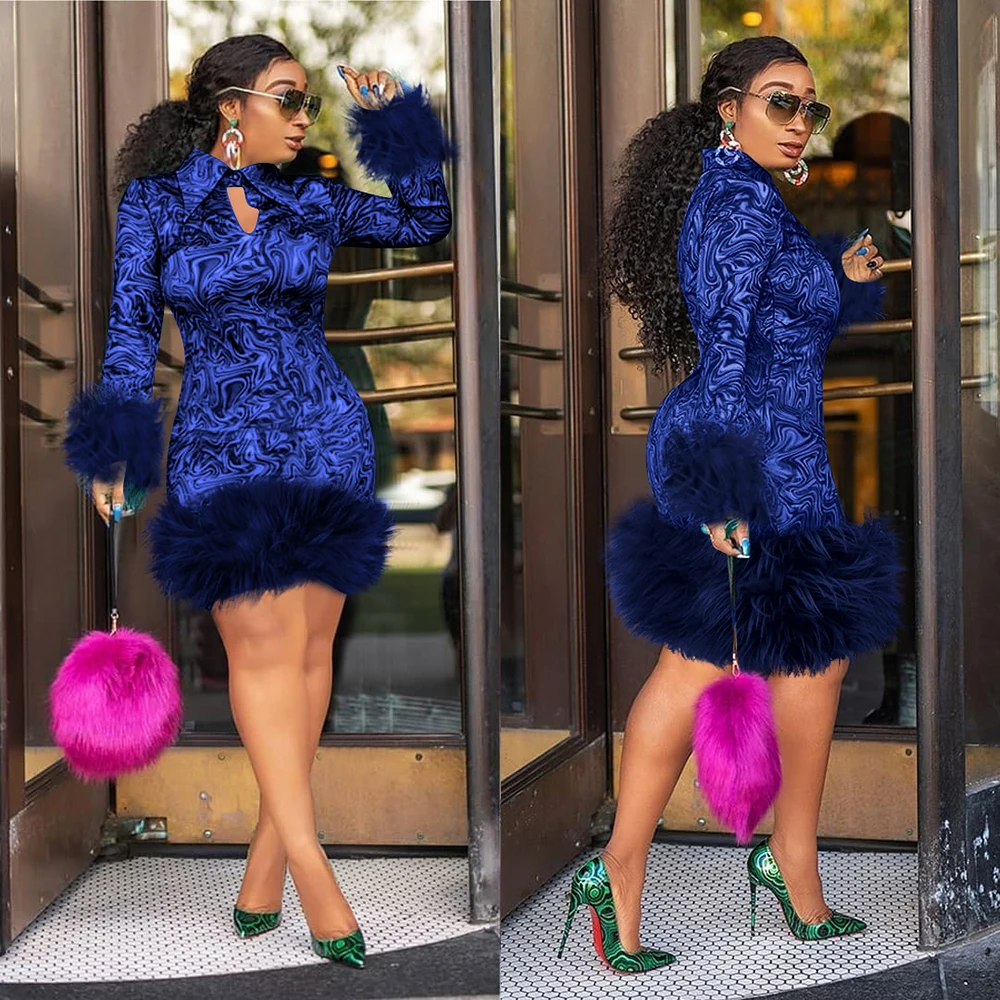 MD Woman Winter Dress 2022 African Print Feather Dress For Women Long Sleeve Evening Party Dress Plus Size 5XL European Clothing